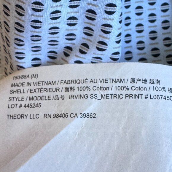 Theory Men's Luxury Button Front Shirt Short Sleeve White Blue Birdseye Print M - Picture 9 of 9